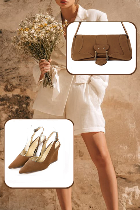 Dress slingback heels in caramel brown leather with high wedge heels and pointed toe - Worn view